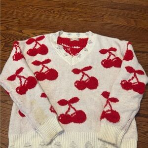 Altar'd State White V-Neck Sweater with Red Cherry Motif